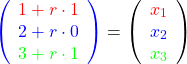 \[ \textcolor{blue}{\left(\begin{array}{r}\textcolor{red}{1 + r \cdot 1}\\\textcolor{blue}{2 + r \cdot 0}\\\textcolor{green}{3 + r \cdot 1 }\end{array}\right)}= \left( \begin{array}{r}\textcolor{red}{ x_1}\\\textcolor{blue}{x_2}\\\textcolor{green}{x_3}\\\end{array}\right) \]