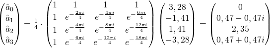 \left(\begin{matrix}{\hat{a}}_0\\{\hat{a}}_1\\{\hat{a}}_2\\{\hat{a}}_3\\\end{matrix}\right)=\frac{1}{4}\cdot\left(\begin{matrix}1&1&1&1\\1&e^{-\frac{2\pi i}{4}}&e^{-\frac{4\pi i}{4}}&e^{-\frac{6\pi i}{4}}\\1&e^{-\frac{4\pi i}{4}}&e^{-\frac{8\pi i}{4}}&e^{-\frac{12\pi i}{4}}\\1&e^{-\frac{6\pi i}{4}}&e^{-\frac{12\pi i}{4}}&e^{-\frac{18\pi i}{4}}\\\end{matrix}\right)\left(\begin{matrix}3,28\\-1,41\\1,41\\-3,28\\\end{matrix}\right)=\left(\begin{matrix}0\\0,47-0,47i\\2,35\\0,47+0,47i\\\end{matrix}\right)