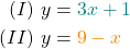 \begin{align*} (I) \ &y = \textcolor{teal}{ 3x + 1}  \\ (II) \ &y = \textcolor{orange}{9 - x} \\ \end{align*}