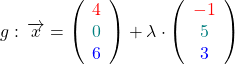 \[g: \, \overrightarrow{x} = \left(\begin{array} {c} \textcolor{red}{4}  \\ \textcolor{teal}{0} \\ \textcolor{blue}{6} \end{array}\right) + \lambda \cdot \left(\begin{array} {c} \textcolor{red}{-1}  \\ \textcolor{teal}{5} \\ \textcolor{blue}{3} \end{array}\right) \]
