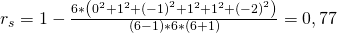 r_s=1-\frac{6\ast \left(0^2+1^2+\left(-1\right)^2+1^2+1^2+\left(-2\right)^2\right)}{\left(6-1\right)\ast 6\ast \left(6+1\right)}=0,77