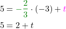 \begin{align*} 5 &=\definecolor{ao(english)}{rgb}{0.0, 0.5, 0.0}\textcolor{ao(english)}{-\frac{2}{3}} \cdot (-3) +\textcolor{magenta}{t} \\ 5&= 2+t\end{align*}