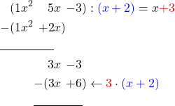 \begin{alignat*}{6} (1&x^2&5&x&-3&):\textcolor{blue}{(x+2)}=x \textcolor{red}{+3}\\ -(1&x^2&+2&x) \\ \cline{1-3} &&3&x&-3& \\ &&-(3&x&+6&) \leftarrow \textcolor{red}{3} \cdot \textcolor{blue}{(x+2)}\\ \cline{3-5} &&&&& \end{alignat*}
