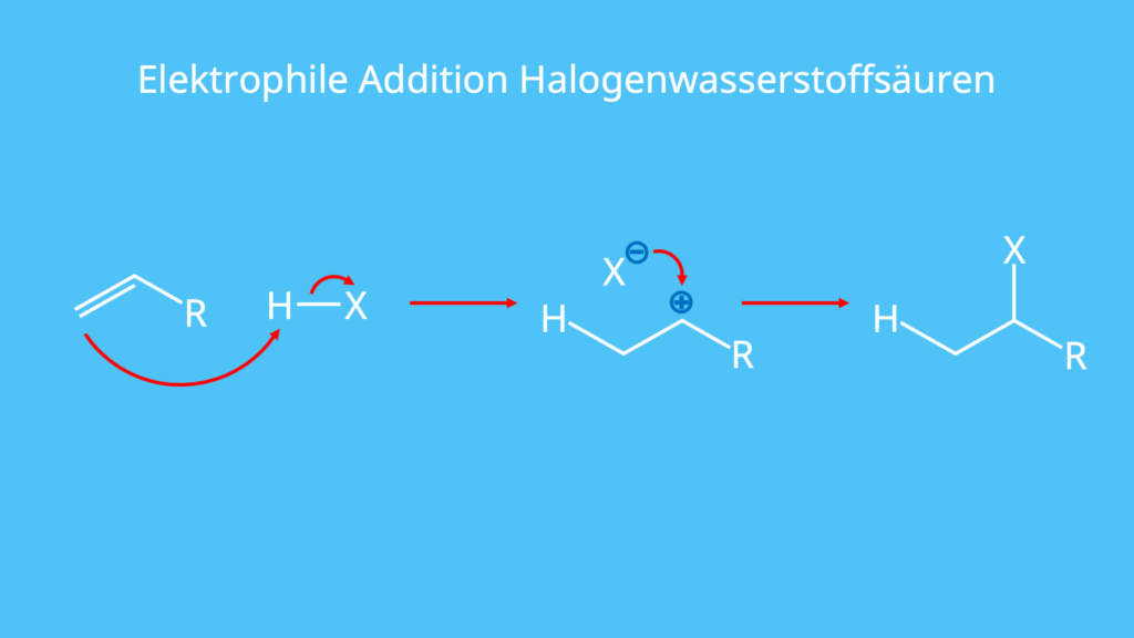 Elektrophile Addition Halogenwasserstoffsäuren, Carbenium-Ion, Markovnikov Regel, Elektrophile Addition, Doppelbindung, Säure, Induktiver Effekt