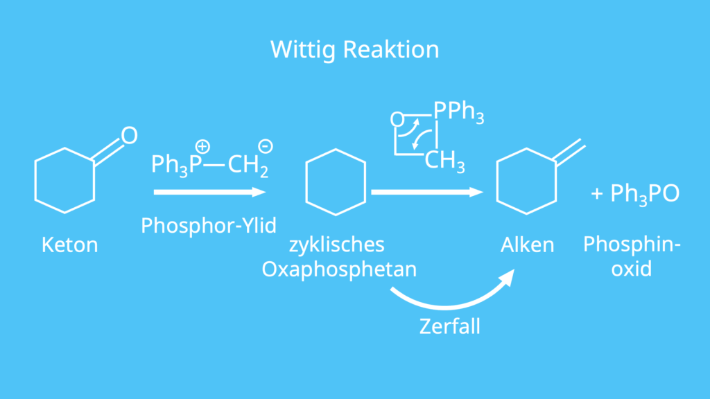 Wittig Reaktion, Carbonylgruppe, Keton, Phosphor-Ylid, zyklisches Oxaphosphetan, Alken, Phosphinoxid