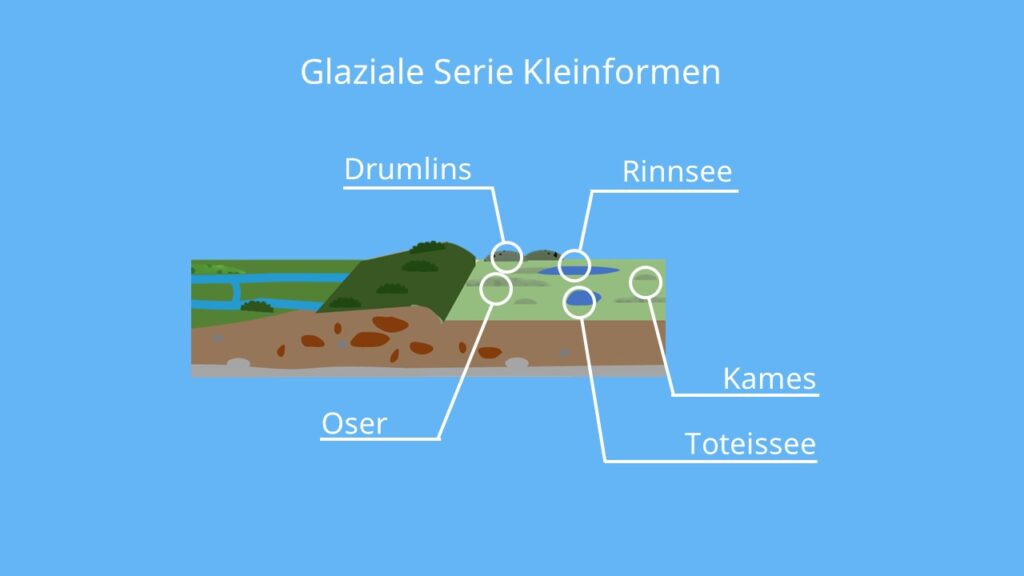 die glaziale Serie, glaziale Serie Norddeutschand, glaziale formen, glaziale prozesse, sander gletscher, endmoräne, grundmoräne, glazial, Urstromtal, Drumlins, Os, Oser, Kames, Rinnenseen