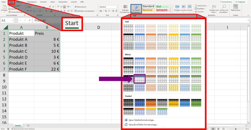 Tipps zum Erstellen einer Tabelle in Excel
