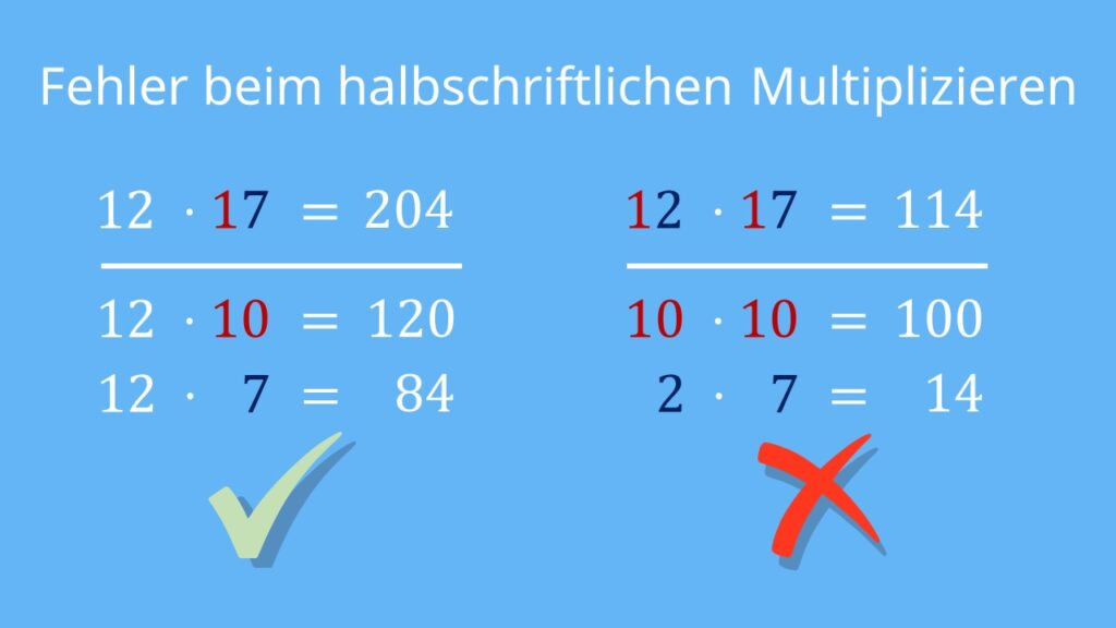 Halbschriftliches Multiplizieren, Halbschriftliche Multiplikation, Malrechnungen zerlegen, Fehler beim halbschriftlichen Multiplizieren, Fehler bei halbschriftlicher Multiplikation