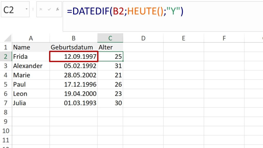 Excel: Alter berechnen